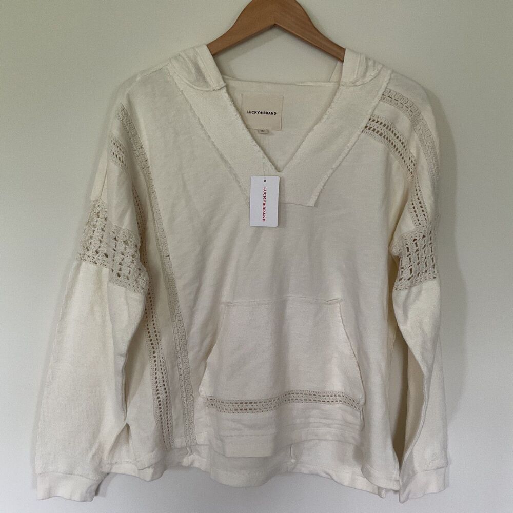 Lucky Brand Crochet Trim Baja Hoodie Tofu Ivory Womens M Boho Chic Relaxed Beach